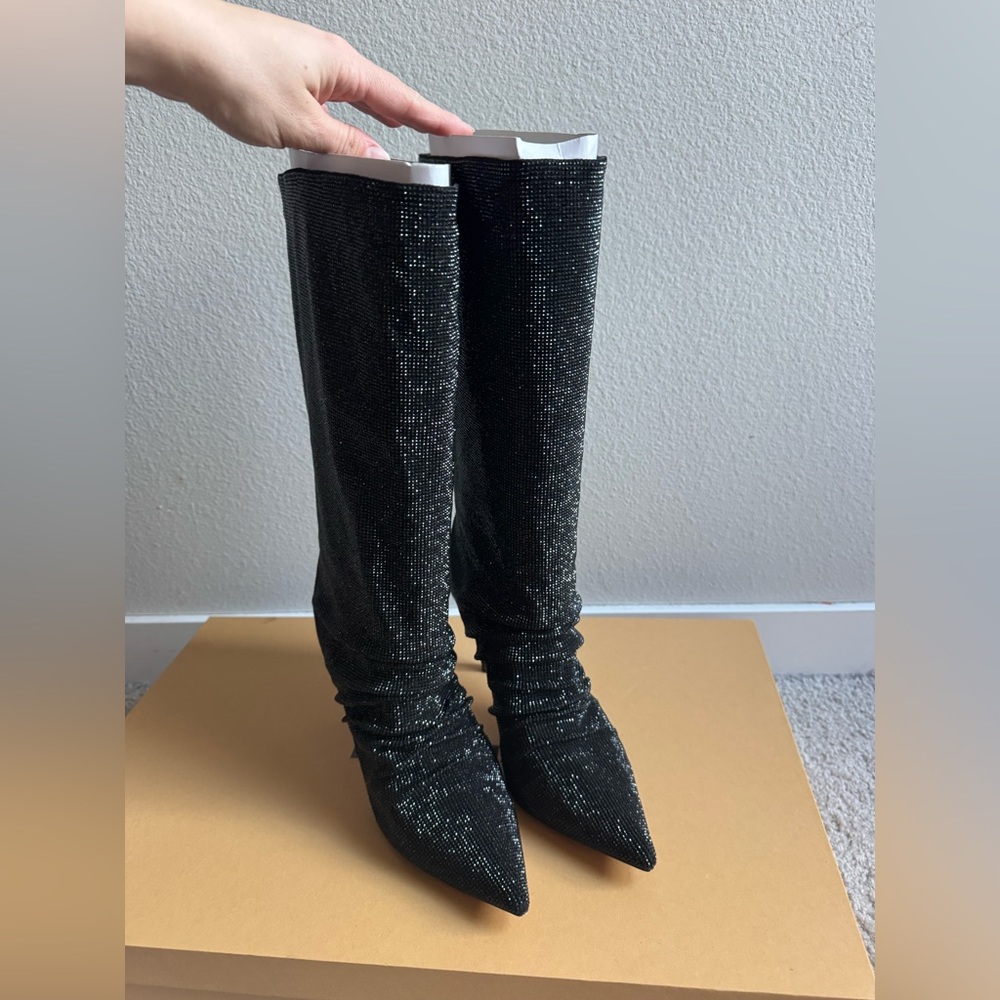 Rare Lola Cruz Fayet Rhinestone Bling Black Stiletto Point Toe Boots size 41 - Picture 5 of 12